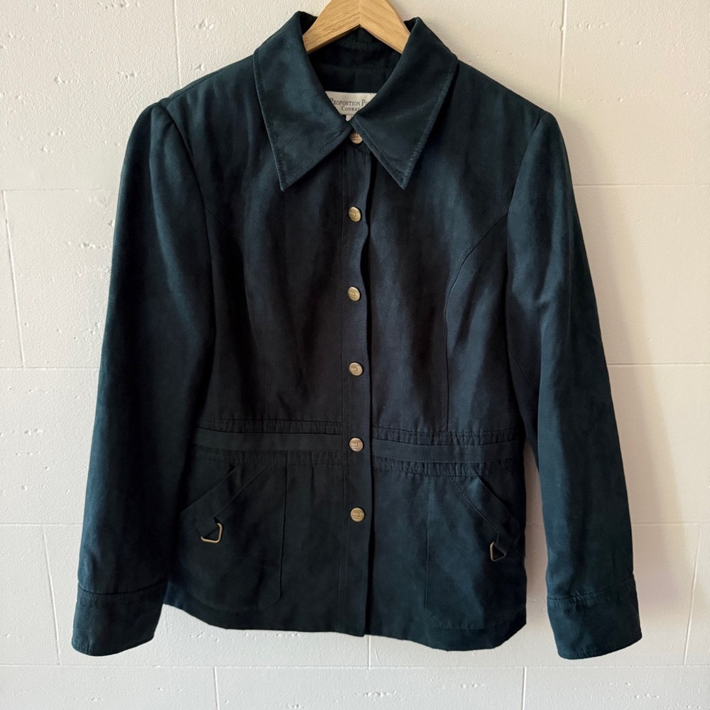 90s | Dark Green Faux Suede Jacket Academia Spring Classic | Size Medium - Picture 1 of 10